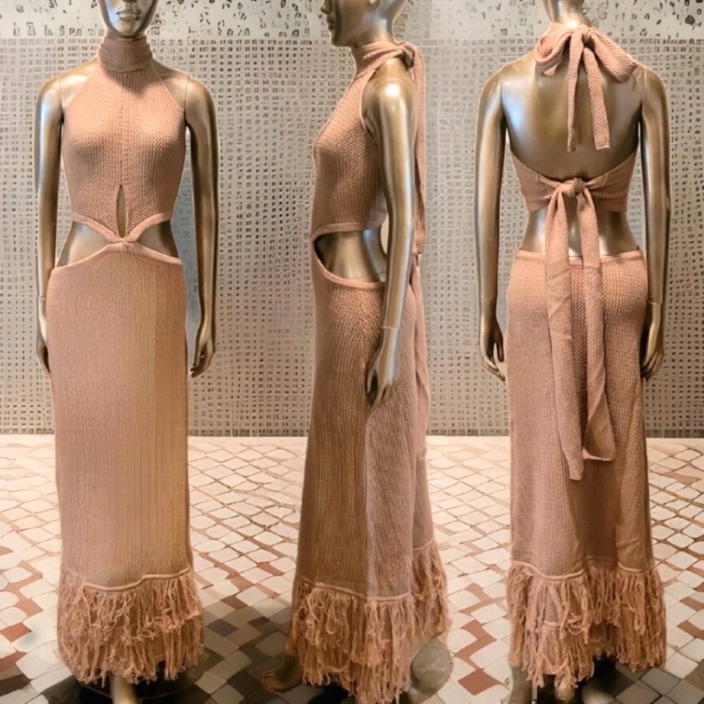 NWT Resort Apricot Knit Cut Out Halter Tie Back Fringed Maxi Dress Sz M